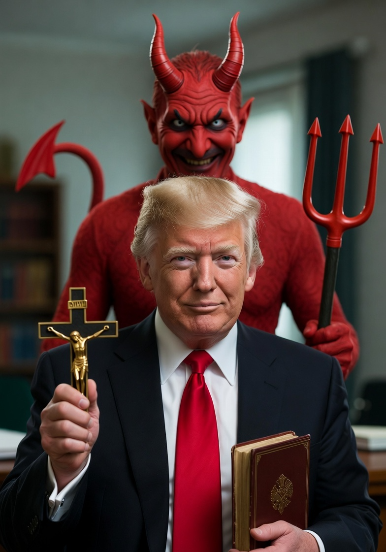 Donald Trump crucifix cross Bible Satan smiling Blank Meme Template