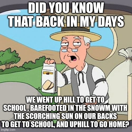 back in my days memes be like | DID YOU KNOW THAT BACK IN MY DAYS; WE WENT UP HILL TO GET TO SCHOOL , BAREFOOTED IN THE SNOWM WITH THE SCORCHING SUN ON OUR BACKS TO GET TO SCHOOL, AND UPHILL TO GO HOME? | image tagged in memes,pepperidge farm remembers | made w/ Imgflip meme maker