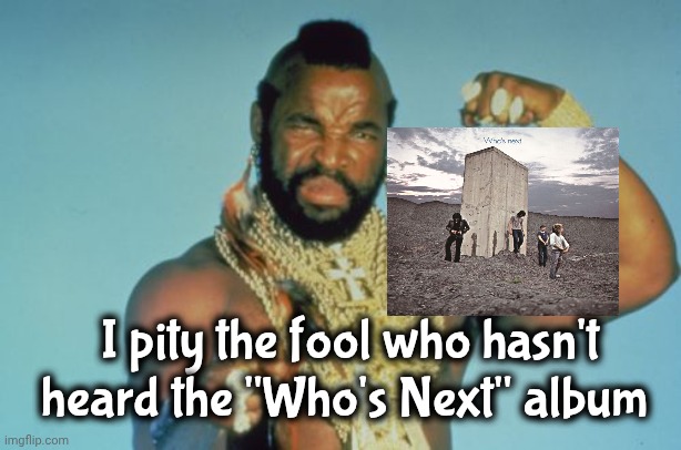 He's a Big Fan | I pity the fool who hasn't heard the "Who's Next" album | image tagged in memes,mr t,who's next,classic rock,that would be great,classic | made w/ Imgflip meme maker