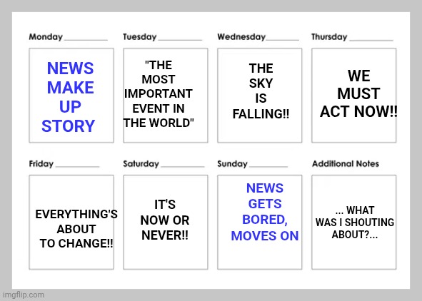 The liberal schedule of dying on hills on a weekly basis | NEWS MAKE UP STORY; THE SKY IS FALLING!! WE MUST ACT NOW!! "THE MOST IMPORTANT EVENT IN THE WORLD"; EVERYTHING'S ABOUT TO CHANGE!! NEWS GETS BORED, MOVES ON; ... WHAT WAS I SHOUTING ABOUT?... IT'S NOW OR NEVER!! | image tagged in this week in today - weekly calendar | made w/ Imgflip meme maker