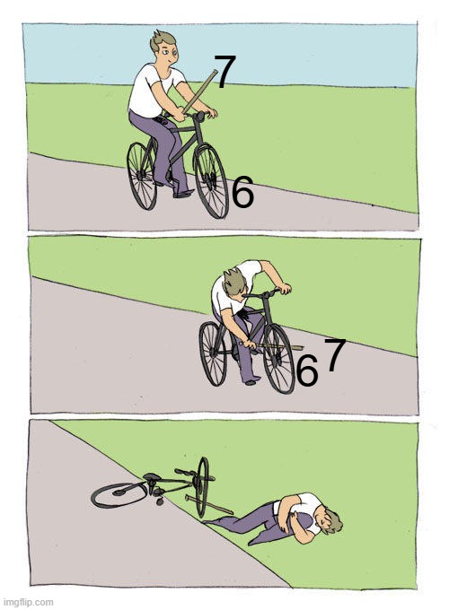 what if I put this (7) here (next to 6)... | 7; 6; 6; 7 | image tagged in bike fall,6,7,67,six seven,what could go wrong | made w/ Imgflip meme maker