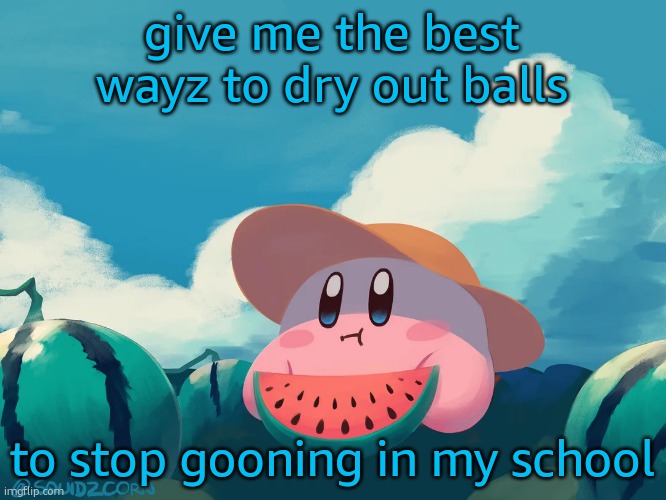 iwazoutsarpusi | give me the best wayz to dry out balls; to stop gooning in my school | image tagged in cantaloupe kirby | made w/ Imgflip meme maker