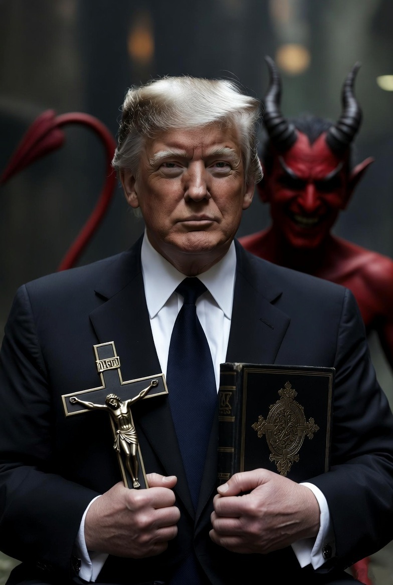 Donald Trump crucifix cross Bible Satan smiling Blank Meme Template