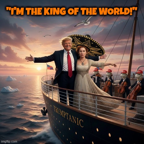 "I'm the king of the world!" | "I'M THE KING OF THE WORLD!" | image tagged in titanic,trump,putin,maga,sinking ship,i'm the king of the world | made w/ Imgflip meme maker