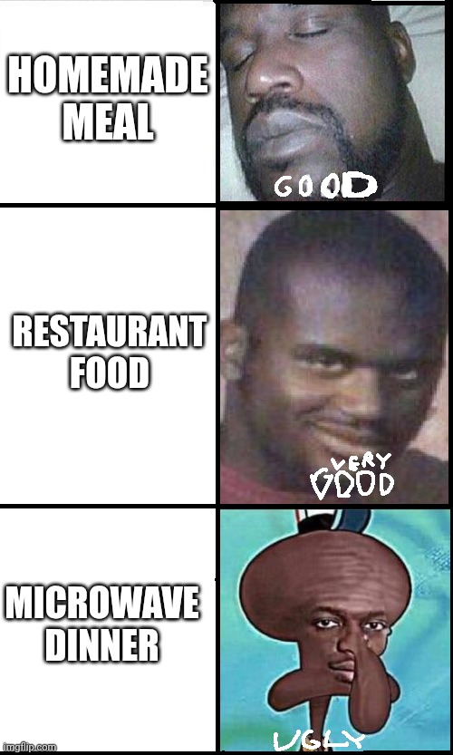 shoq    good . very good . ugly | HOMEMADE MEAL; RESTAURANT FOOD; MICROWAVE DINNER | image tagged in shoq good very good ugly | made w/ Imgflip meme maker