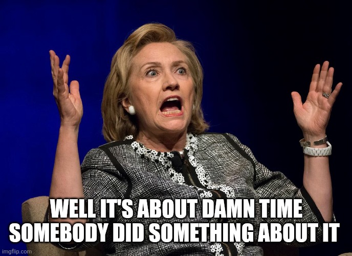 Hilary Hands Up | WELL IT'S ABOUT DAMN TIME SOMEBODY DID SOMETHING ABOUT IT | image tagged in hilary hands up | made w/ Imgflip meme maker