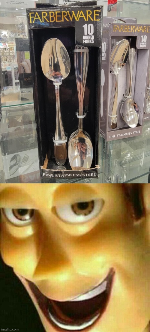 "Forks" | image tagged in evil woody face,spoons,forks,spoon,you had one job,memes | made w/ Imgflip meme maker