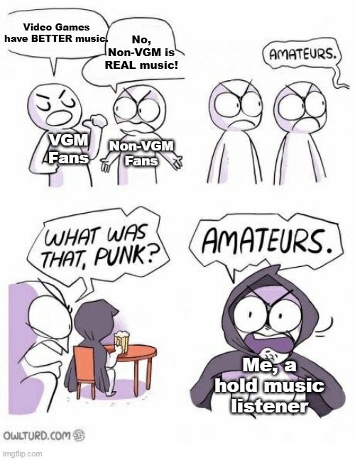 Hold music is OG. You all suck. | Video Games have BETTER music. No, Non-VGM is REAL music! VGM Fans; Non-VGM Fans; Me, a hold music listener | image tagged in amateurs,vgm,music,holdmusic | made w/ Imgflip meme maker