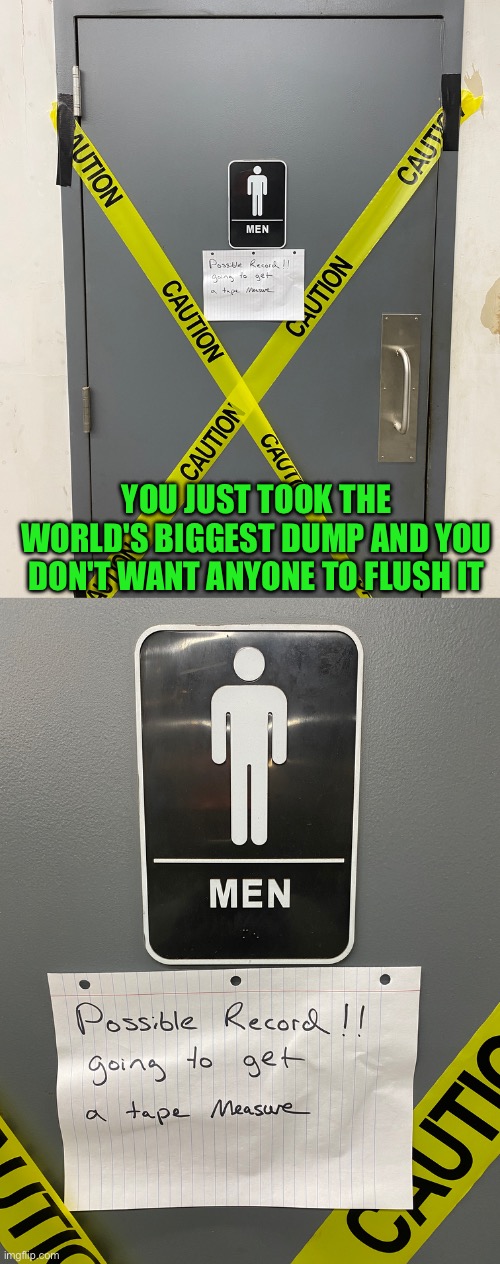 World's biggest dump | YOU JUST TOOK THE WORLD'S BIGGEST DUMP AND YOU DON'T WANT ANYONE TO FLUSH IT | image tagged in funny,meme,memes,work,guinness world record | made w/ Imgflip meme maker