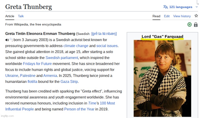 Greta Thunberg meme | image tagged in memes,greta thunberg,greta thunberg how dare you,wikipedia,politics,funny memes | made w/ Imgflip meme maker