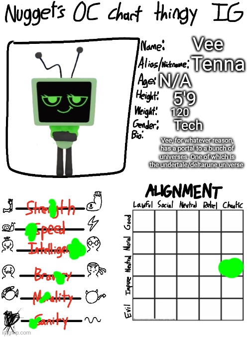 Yes the sanity is a cry for help | Vee; Tenna; N/A; 5'9; 120; Tech; Vee, for whatever reason, has a portal to a bunch of universes. One of which is the undertale/deltarune universe | image tagged in nugget s oc chart thingy ig | made w/ Imgflip meme maker