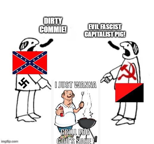 far right thinks centrism is communism and far left thinks centrism is fascism, peak logic. | EVIL FASCIST CAPITALIST PIG! DIRTY COMMIE! | image tagged in centrism,far right,far left,communism,confederate | made w/ Imgflip meme maker