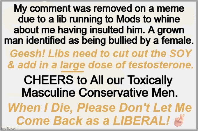 Liberals, Always The Victims | My comment was removed on a meme 
due to a lib running to Mods to whine 
about me having insulted him. A grown 
man identified as being bullied by a female. Geesh! Libs need to cut out the SOY 
& add in a large dose of testosterone. __; CHEERS to All our Toxically 
Masculine Conservative Men. When I Die, Please Don't Let Me 
Come Back as a LIBERAL!🤞🏻 | image tagged in comment timer,comment section,remove,liberal,victim,whiners | made w/ Imgflip meme maker