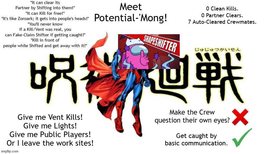 Meet Potential-'Mong! [Shapeshifter slander.] | "It can clear its Partner by Shifting into them!"
"It can Kill for free!"
"It's like Zoroark; it gets into people's heads!"
"You'll never know if a Kill/Vent was real, you can Fake-Claim Shifter if getting caught!"
"Kill in front of people while Shifted and get away with it!"; Meet Potential-'Mong! 0 Clean Kills.
0 Partner Clears.
7 Auto-Cleared Crewmates. Make the Crew question their own eyes? Give me Vent Kills!
Give me Lights!
Give me Public Players!
Or I leave the work sites! Get caught by basic communication. | image tagged in potential man blank | made w/ Imgflip meme maker