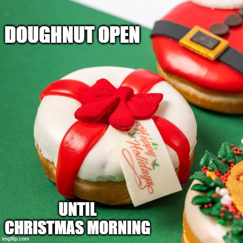 Doughnut open until Christmas Morning.   --  funny  -- | DOUGHNUT OPEN; UNTIL CHRISTMAS MORNING | image tagged in funny,humor,doughnut,play on words,christmas,present | made w/ Imgflip meme maker