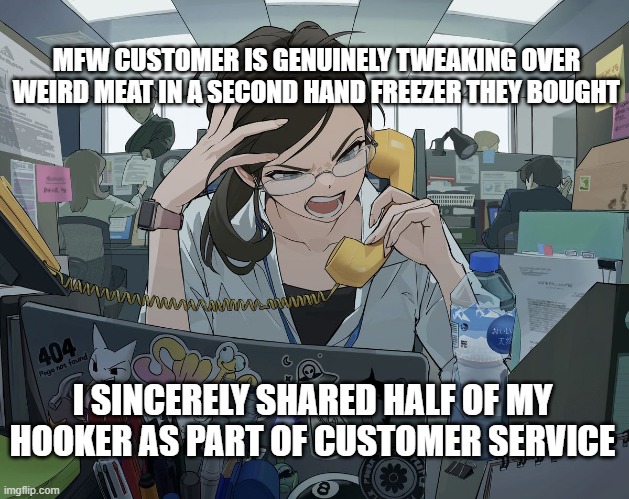 MFW CUSTOMER IS GENUINELY TWEAKING OVER WEIRD MEAT IN A SECOND HAND FREEZER THEY BOUGHT; I SINCERELY SHARED HALF OF MY HOOKER AS PART OF CUSTOMER SERVICE | image tagged in literally,me | made w/ Imgflip meme maker