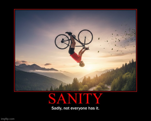Sanity Demotivational Poster | image tagged in sanity,demotivational poster,bicycle,airborne,upside down,stunt | made w/ Imgflip meme maker
