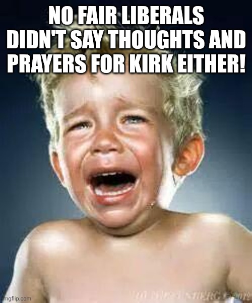 NO FAIR LIBERALS DIDN'T SAY THOUGHTS AND PRAYERS FOR KIRK EITHER! | image tagged in little boy crying | made w/ Imgflip meme maker