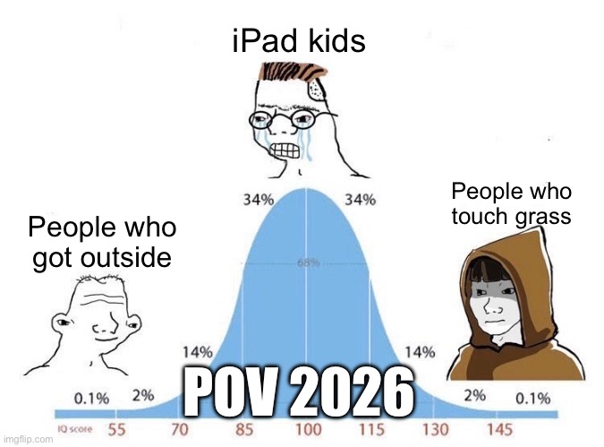 Bell Curve | iPad kids; People who touch grass; People who got outside; POV 2026 | image tagged in bell curve | made w/ Imgflip meme maker