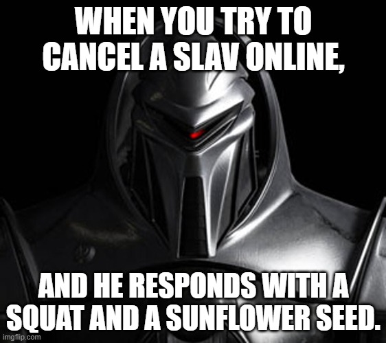Cylon | WHEN YOU TRY TO CANCEL A SLAV ONLINE, AND HE RESPONDS WITH A SQUAT AND A SUNFLOWER SEED. | image tagged in cylon,slavic lives matter,black lives matter | made w/ Imgflip meme maker