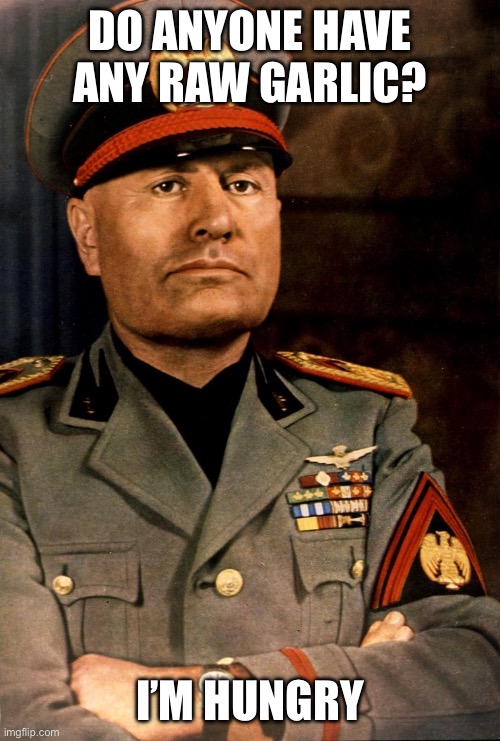 Benito Mussolini | DO ANYONE HAVE ANY RAW GARLIC? I’M HUNGRY | image tagged in benito mussolini | made w/ Imgflip meme maker