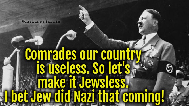 Adolf the PUNdit | @darking2jarlie; Comrades our country is useless. So let's make it Jewsless.
 I bet Jew did Nazi that coming! | image tagged in adolf hitler,bad puns,hitler,jews | made w/ Imgflip meme maker