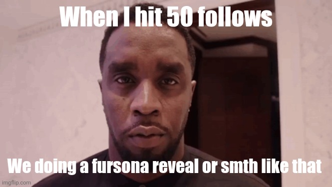 Diddy stare | When I hit 50 follows; We doing a fursona reveal or smth like that | image tagged in diddy stare | made w/ Imgflip meme maker