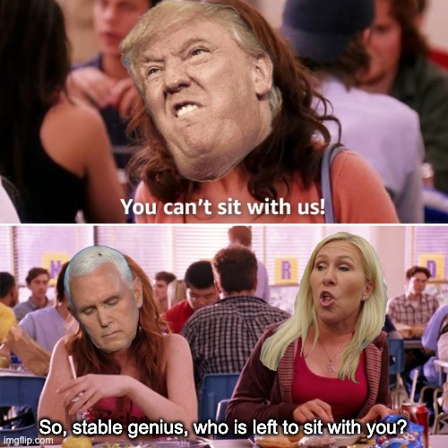 A Plastic to the core | So, stable genius, who is left to sit with you? | image tagged in mean girls you can't sit with us,movies,quotes,betrayal,trump,idiocracy | made w/ Imgflip meme maker