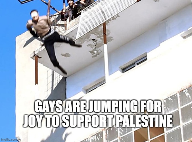 GAYS ARE JUMPING FOR JOY TO SUPPORT PALESTINE | image tagged in gay off building | made w/ Imgflip meme maker