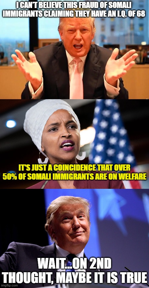 I CAN'T BELIEVE THIS FRAUD OF SOMALI IMMIGRANTS CLAIMING THEY HAVE AN I.Q. OF 68 IT'S JUST A COINCIDENCE THAT OVER 50% OF SOMALI IMMIGRANTS  | image tagged in trump birthday meme,ilhan omar,donald trump no2 | made w/ Imgflip meme maker