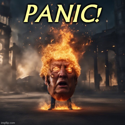 Trump panic when the b*llsh*t doesn't work any more | PANIC! | image tagged in trump panic when the b llsh t doesn't work any more,trump,panic,con man,failure,drugs | made w/ Imgflip meme maker