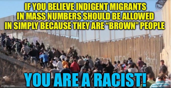 Who’s the Racist? | IF YOU BELIEVE INDIGENT MIGRANTS IN MASS NUMBERS SHOULD BE ALLOWED IN SIMPLY BECAUSE THEY ARE “BROWN” PEOPLE; YOU ARE A RACIST! | image tagged in indigent migrants are a burden on tacpayers,brown people is an exclusionary statement,it means everyone but whitey | made w/ Imgflip meme maker