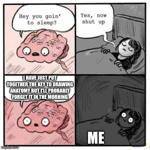 Happy midterms errybody | I HAVE JUST PUT TOGETHER THE KEY TO DRAWING ANATOMY BUT I'LL PROBABLY FORGET IT IN THE MORNING; ME | image tagged in hey you going to sleep,art memes,artists,relatable | made w/ Imgflip meme maker