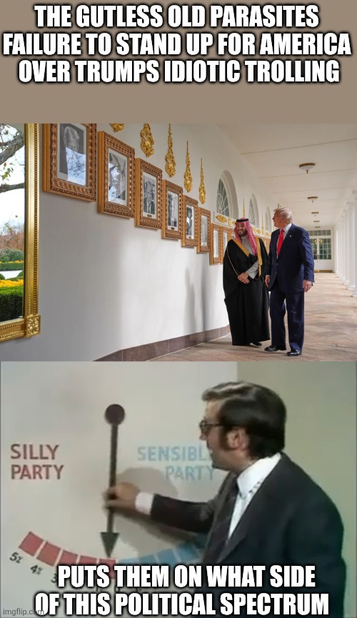 Republicans are a joke | THE GUTLESS OLD PARASITES FAILURE TO STAND UP FOR AMERICA  OVER TRUMPS IDIOTIC TROLLING; PUTS THEM ON WHAT SIDE OF THIS POLITICAL SPECTRUM | made w/ Imgflip meme maker