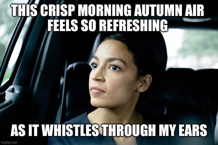 Alexandria Ocasio-Cortez | THIS CRISP MORNING AUTUMN AIR 
FEELS SO REFRESHING; AS IT WHISTLES THROUGH MY EARS | image tagged in alexandria ocasio-cortez | made w/ Imgflip meme maker