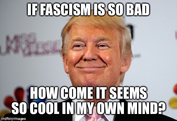 Donald trump approves | IF FASCISM IS SO BAD HOW COME IT SEEMS SO COOL IN MY OWN MIND? | image tagged in donald trump approves | made w/ Imgflip meme maker