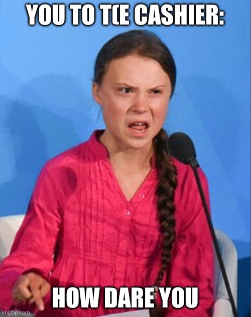 Greta Thunberg how dare you | YOU TO T(E CASHIER: HOW DARE YOU | image tagged in greta thunberg how dare you | made w/ Imgflip meme maker