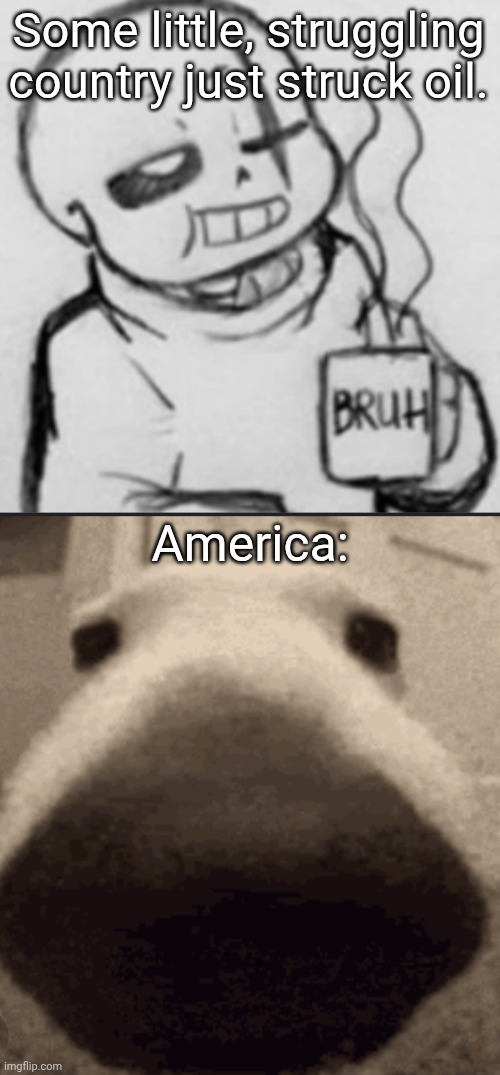 Some little, struggling country just struck oil. America: | image tagged in epic sans chilling,sniff dog | made w/ Imgflip meme maker