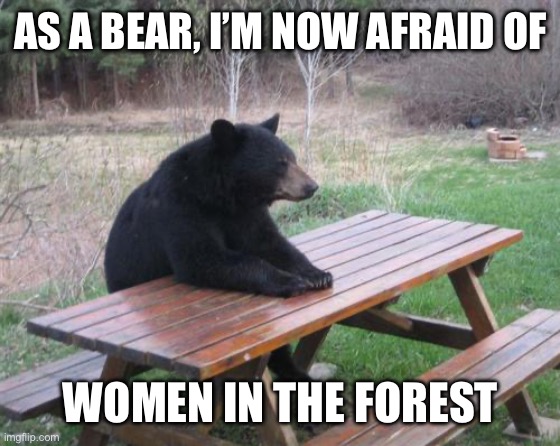 Bad Luck Bear Meme | AS A BEAR, I’M NOW AFRAID OF WOMEN IN THE FOREST | image tagged in memes,bad luck bear | made w/ Imgflip meme maker