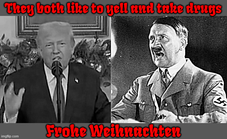 MERRY CHRISTMAS | They both like to yell and take drugs; Frohe Weihnachten | image tagged in trump plays santa and has a full sack of lies,hitler yelled a lot too,trump's on drugs,trump was pumped up on drugs | made w/ Imgflip meme maker