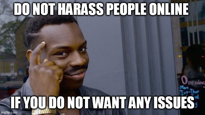 Do not Harass people online if you do not want any issues | DO NOT HARASS PEOPLE ONLINE; IF YOU DO NOT WANT ANY ISSUES | image tagged in memes,roll safe think about it,funny,practical advice,harass,fafo | made w/ Imgflip meme maker
