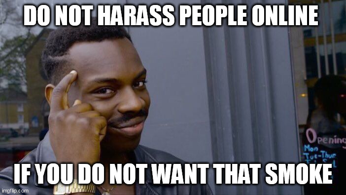 Do not Harass people online if you do not want that smoke | DO NOT HARASS PEOPLE ONLINE; IF YOU DO NOT WANT THAT SMOKE | image tagged in memes,roll safe think about it,funny,harass,report,fafo | made w/ Imgflip meme maker