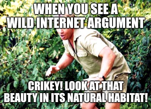 What a beauty, mate! | WHEN YOU SEE A WILD INTERNET ARGUMENT; CRIKEY! LOOK AT THAT BEAUTY IN ITS NATURAL HABITAT! | image tagged in crocodile hunter steve irwin,funny,memes,beauty,steve irwin | made w/ Imgflip meme maker