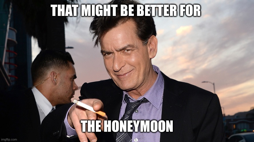charlie sheen | THAT MIGHT BE BETTER FOR THE HONEYMOON | image tagged in charlie sheen | made w/ Imgflip meme maker