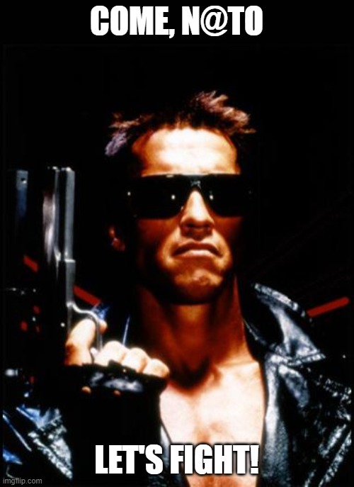 terminator arnold schwarzenegger | COME, N@TO; LET'S FIGHT! | image tagged in terminator arnold schwarzenegger | made w/ Imgflip meme maker