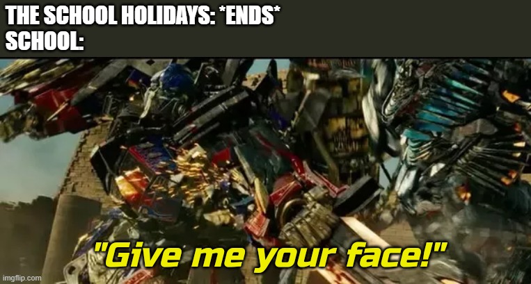 aw man.... | THE SCHOOL HOLIDAYS: *ENDS*
SCHOOL: | image tagged in give me your face,school,pain | made w/ Imgflip meme maker