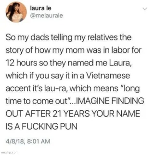 image tagged in dad,mom,laura,vietnamese,long time,find out | made w/ Imgflip meme maker