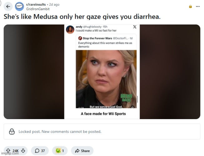 image tagged in woman,demonic,mii,medusa,gaze,diarrhea | made w/ Imgflip meme maker