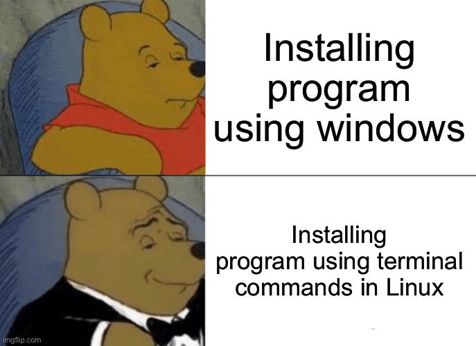 Tuxedo Winnie The Pooh | Installing program using windows; Installing program using terminal commands in Linux | image tagged in memes,tuxedo winnie the pooh | made w/ Imgflip meme maker