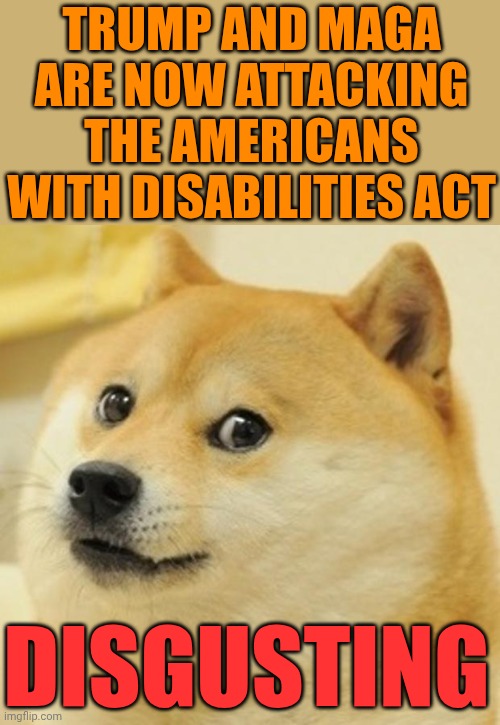 DISGUSTING AND INHUMAN | TRUMP AND MAGA ARE NOW ATTACKING THE AMERICANS WITH DISABILITIES ACT; DISGUSTING | image tagged in memes,doge,disgusting,maga,nazis,lock him up | made w/ Imgflip meme maker